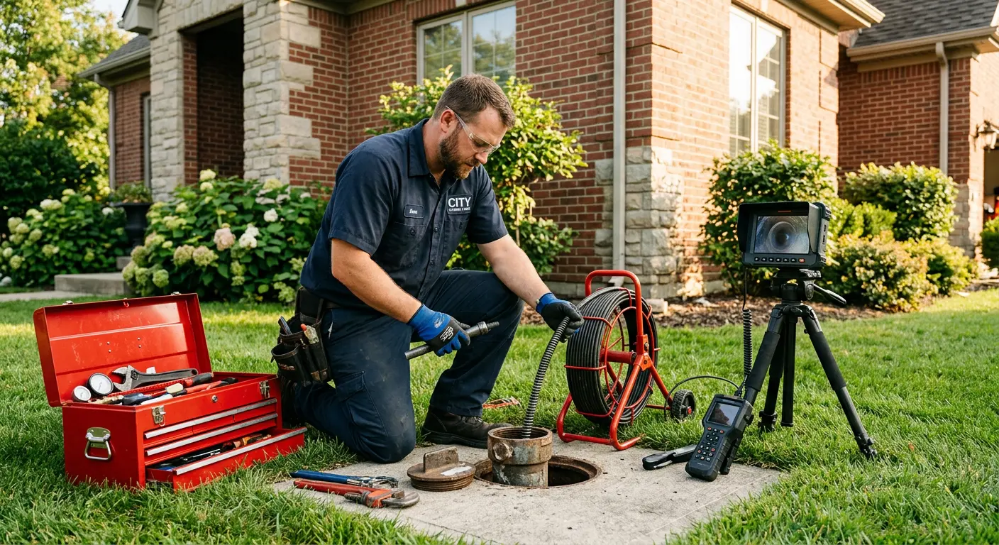 Sewer specialist with camera equipment servicing a cleanout in Bedford