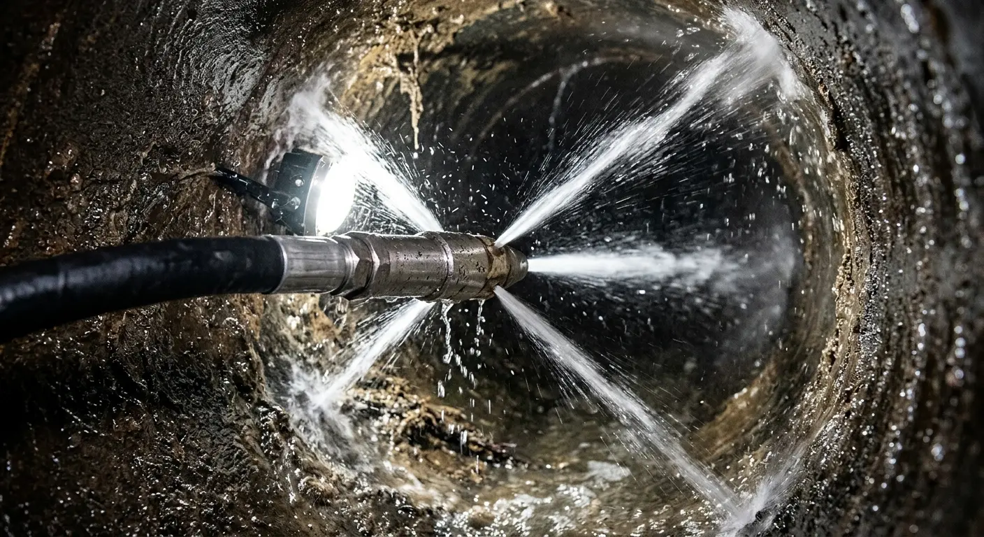High-pressure hydro jetting nozzle cleaning sewer pipe for Trenchless Sewer Repair in Bedford
